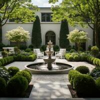 ai gegenereerd tuin met een modern twist Aan een klassiek ontwerp, met een symmetrisch lay-out, foto