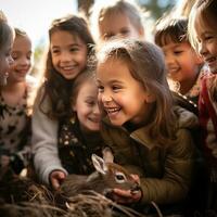 ai gegenereerd groep van kinderen verzameld in de omgeving van een baby hert, glimlachen en voorzichtig kinderboerderij haar zacht vacht foto