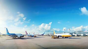 ai gegenereerd panoramisch visie van een luchthaven landingsbaan met vliegtuigen geparkeerd en in beweging foto