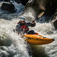 ai gegenereerd een kayaker navigeren door ruw wit water stroomversnellingen foto