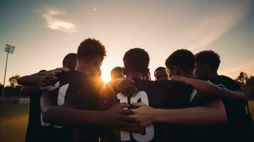 ai gegenereerd een groep van jong voetbal spelers ineengedoken samen in een team praten, met de zon instelling achter hen foto
