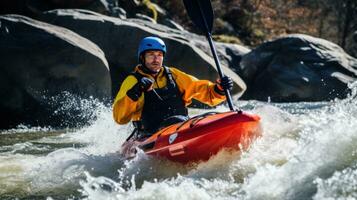 ai gegenereerd een kayaker navigeren door ruw wit water stroomversnellingen foto