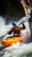 ai gegenereerd een kayaker navigeren door ruw wit water stroomversnellingen foto