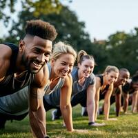 ai gegenereerd een groep van mensen aan het doen een bootcamp-stijl training samen, met een trainer leidend de manier foto