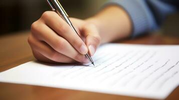 ai gegenereerd studenten hand- schrijven aantekeningen Aan een stuk van papier met een pen. foto