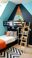 ai gegenereerd een pret kinderen kamer met een blauw accent muur, een houten zolder bed met een ladder foto