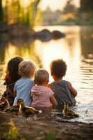 ai gegenereerd groep van kinderen aan het kijken in ontzag net zo een baby eendje waggelt in de omgeving van, verkennen haar omgeving. foto