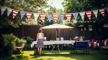 ai gegenereerd een pret en gewoontjes foto van een familie bbq met Amerikaans vlaggen en vlaggedoek decoreren de achtertuin