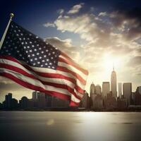 ai gegenereerd een krachtig beeld van de Amerikaans vlag golvend in voorkant van een modern stad horizon foto