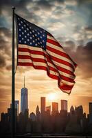 ai gegenereerd een krachtig beeld van de Amerikaans vlag golvend in voorkant van een modern stad horizon foto