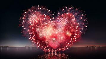 ai gegenereerd foto van vuurwerk in de vorm van een hart, ideaal voor Valentijnsdag dag of bruiloft gerelateerd promoties