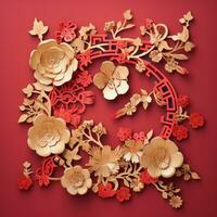 ai gegenereerd een levendig Chinese nieuw jaar groet kaart versierd met ingewikkeld gouden patronen foto