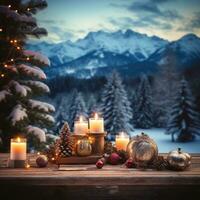 ai gegenereerd een rustiek houten tafel met Kerstmis decoraties en kaarsen foto
