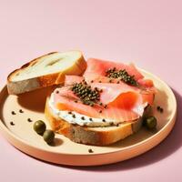 ai gegenereerd een bord van gerookt Zalm, room kaas, en bagel met kappertjes en rood ui foto