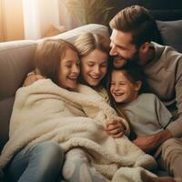 ai gegenereerd een moeder, vader, en hun twee kinderen geknuffeld omhoog Aan een pluizig deken foto