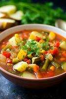 ai gegenereerd een hartelijk en gezond groente soep met brokken van kleurrijk groenten en takje van vers kruiden Aan top foto