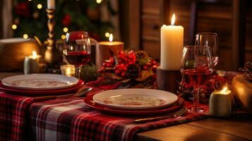 ai gegenereerd een feestelijk Kerstmis tafel instelling met rood en goud accenten foto