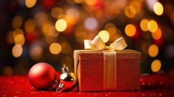 ai gegenereerd een feestelijk Kerstmis tafereel met een rood en goud Cadeau verpakt in lintje. foto
