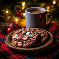 ai gegenereerd een knus Kerstmis tafereel met een plaid deken, een mok van heet cacao, en een bord van Kerstmis koekjes foto