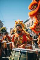 ai gegenereerd een kleurrijk optocht met draak dansers, leeuw dansers foto