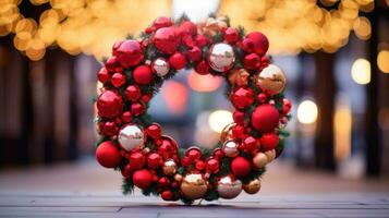 ai gegenereerd een prachtig versierd Kerstmis krans met rood en goud ornamenten, foto