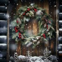 ai gegenereerd een mooi Kerstmis krans hangende Aan een rustiek houten deur foto