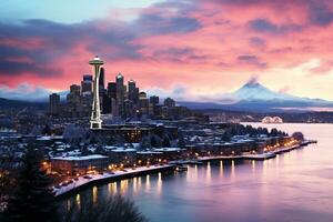 ai gegenereerd panoramisch visie van een winter Seattle stad horizon Bij schemering, met de stad lichten reflecterend uit de ijzig oppervlakken en creëren een magisch foto