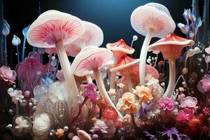 ai gegenereerd fantasie betoverd fee verhaal Woud met magisch roze champignons en bloemen foto