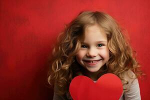 ai gegenereerd portret van een schattig weinig meisje met rood hart Aan valentijnsdag dag concept. foto