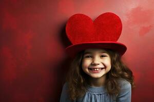 ai gegenereerd portret van een schattig weinig meisje met rood hart Aan valentijnsdag dag concept. foto