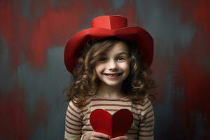 ai gegenereerd portret van een schattig weinig meisje met rood hart Aan valentijnsdag dag concept. foto