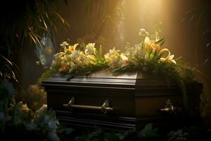 ai gegenereerd begrafenis kist met bloemen Aan donker achtergrond foto