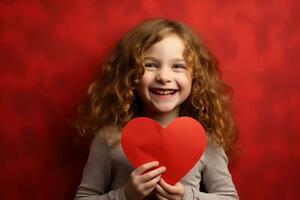 ai gegenereerd portret van een schattig weinig meisje met rood hart Aan valentijnsdag dag concept. foto