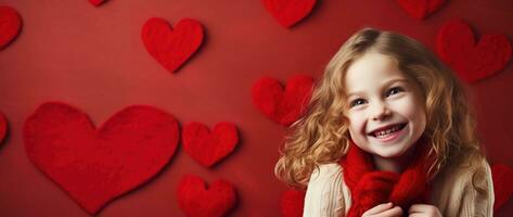 ai gegenereerd portret van een schattig weinig meisje met rood hart Aan valentijnsdag dag concept. foto