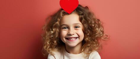 ai gegenereerd portret van een schattig weinig meisje met rood hart Aan valentijnsdag dag concept. foto