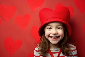 ai gegenereerd portret van een schattig weinig meisje met rood hart Aan valentijnsdag dag concept. foto