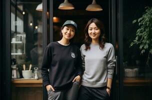 ai gegenereerd twee Dames staand in voorkant van een cafe foto