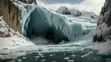 ai gegenereerd onderzoeken de geologisch geschiedenis achter de vorming van ijs grotten in een besneeuwd berg bereik. foto