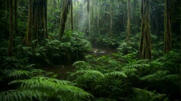 ai gegenereerd onderzoeken de ingewikkeld ecosysteem binnen een gespannen, onaangeroerd amazon regenwoud, scherpstellen Aan de interacties tussen verschillend soorten onder de levendig groen luifel foto