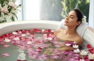 ai gegenereerd mooi vrouw ondergaan behandeling en het baden behandeling in spa studio foto