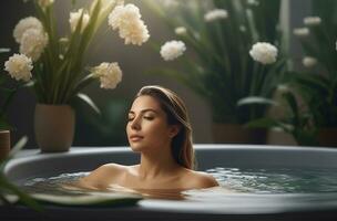 ai gegenereerd mooi vrouw ondergaan behandeling en het baden behandeling in spa studio foto