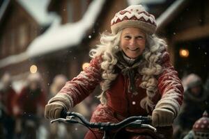 ai gegenereerd vrouw de kerstman verspreidt vreugde rijden een wijnoogst fiets versierd met kransen en geschenk manden in een sneeuw Laden dorp, Kerstmis afbeeldingen foto