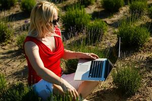 euforisch vrouw zoeken baan met een laptop in een stedelijk park in zomer foto