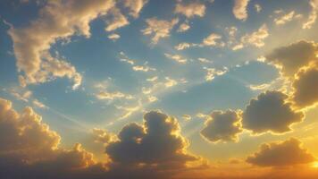 ai gegenereerd zonsondergang lucht met wolken en zon stralen foto