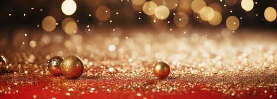 ai gegenereerd gouden Kerstmis boom speelgoed- ballen met feestelijk confetti Aan een rood bokeh achtergrond. foto