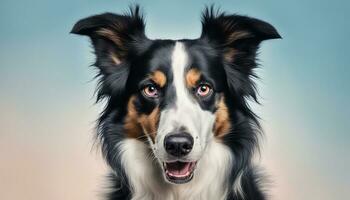 ai gegenereerd portret echt en boos grens collie hond. geïsoleerd Aan blauw pastel achtergrond. foto