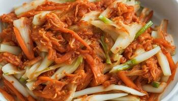 ai gegenereerd eigengemaakt Koreaans Kimchi met Chinese kool- Lente-ui en wortels foto