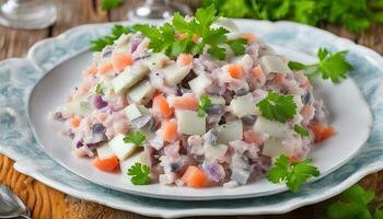 ai gegenereerd Russisch traditioneel haring salade foto