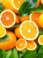 ai gegenereerd vers oranje en plakjes met bladeren achtergrond vitamine c concept ai gegenereerd foto