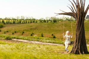 een jong vrouw is swinging Aan een schommel in een park instelling. foto